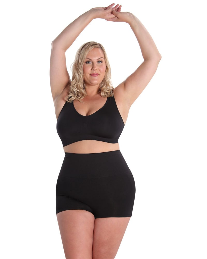Front of a model wearing a size XL Sencillez Comfort Shaper Bra in Black by Memoi. | dia_product_style_image_id:299793